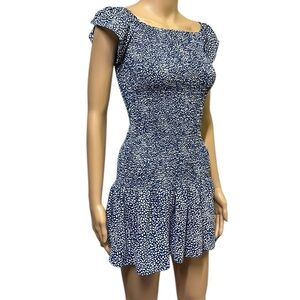 Lush Smocked Blue White Print Ruffled Off Shoulder Lightweight Dress Womens S